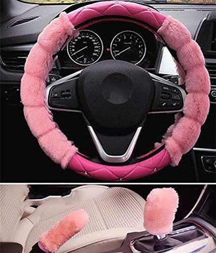 YAYUE Winter Warm Faux Wool Handbrake Cover Gear Shift Cover Steering Wheel Cover 1 Set 3 Pcs , Pink