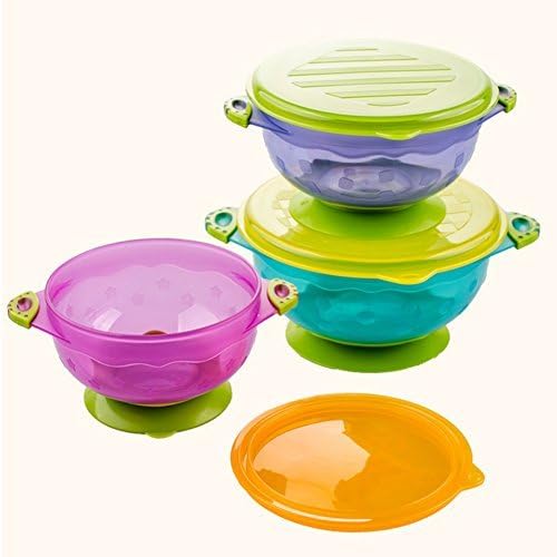 Microwaveable Stay Put Spill Proof Suction Bowls Safe Silicone Seal-Easy Lids Stack Perfect for Babies &amp; Toddlers,Set of 3 Colorful Sizes by PinkyHouse
