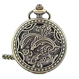 Plätschern Delfine mit kunstvollem Bordüre Bronze Effekt Antik/Vintage Case Damen Quarz Taschenuhr Halskette – auf 81,3 cm Zoll/80 cm Kette
