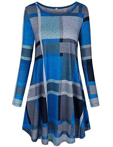Faddare Women's Casual Loose Long Sleeve Striped/Plaid Tunic Dress