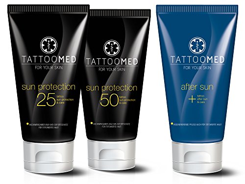 TattooMed Tattoo-Pflege für tätowierte Haut, Set mit Tattoo-Sonnenschutz/Farbschutz für Tattoos, Tattoo Pflege & After Sun Creme, 3er Pack