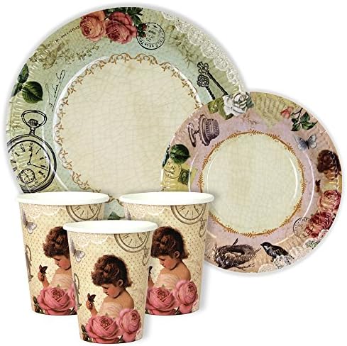 TIMELESS TREASURES / vintage tea party DINNER &amp; DESSERT Paper PLATES and CUPS for 24 GUESTS