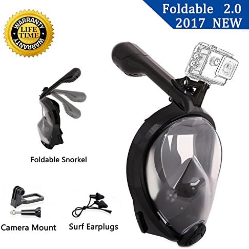 Full Face Snorkel Mask 2.0,2017 New Foldable Snorkeling Mask Full Face with Detachable GoPro Mount, 180° Large View Easy Breath Dry Top Set Anti-fog Anti-leak for Adults Youth (Black, S/M)