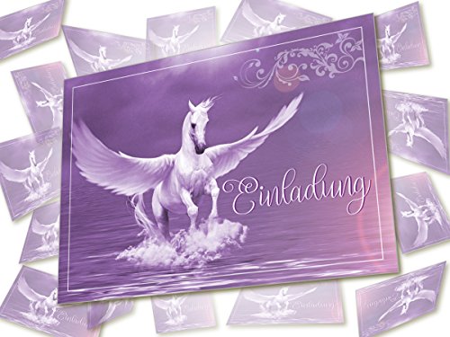 12 Lustige Einladungskarten im Set für Kindergeburtstag mit Pegasus Himmel Wolke Wiese Party für Mädchen Jungen Kinder Partyspiele Karten Rosa Pink witzig Einladung Geburtstag Schimmel Pferd Flügel - 2