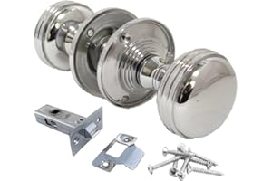 Epsom Door Handle Chrome Polished Round Door Knob Set with Tubular Latch – Heavy Reeded Style Sprung Door Knobs for Internal and External Doors. (Pair of Handles + Tubular Latch)