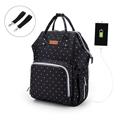 Preisvergleich Produktbild Baby Wickelrucksack Wickeltasche Rucksack Grosse Kapazität Multifunktional Mama Rucksack Wasserdicht Segeltuch Stoffe mit 2 Kinderwagen-haken und USB-Anschluss Ausgestattet(Welle Schwarz)