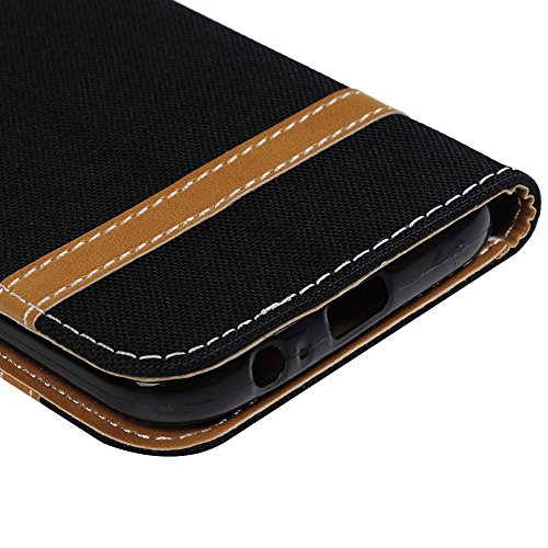 Lanveni A5 2017 Hülle, Handyhülle für Flip Case Cover Denim+PU Lederhülle Schutzhülle Magnetverschluss Ledertasche mit Stander Function Brieftasche Card Slot Handy Tasche mit Bunte Gemalt Design für Samsung Galaxy A5 2017 Hülle (Schwarz) + 1 x Stylus Stift + 1 x Schutzfolie - 6