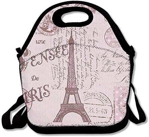 Dozili Pink Paris Stamps Pattern Eiffel Tower Large & Thick Neoprene Lunch Bags Insulated Lunch Tote Bags Cooler Warm Warm Pouch with Shoulder Strap for Women Teens Girls Kids Adults