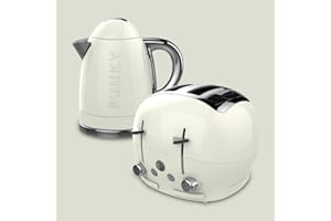 THE FUNKY APPLIANCE COMPANY Funky Retro Kettle and Toaster Breakfast Set, 1.7L Easy Pour Kettle, Large Deep and Wide Toaster - Cream