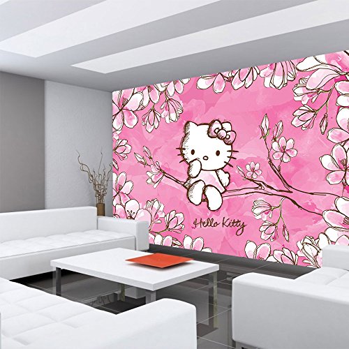 Fototapete 368×254 cm PREMIUM Wand Foto Tapete Wand Bild Papiertapete – Mädchen Tapete Hello Kitty – Kindertapete Cartoon Katze Blumen Baum Kinder pink – no. 1023 - 6