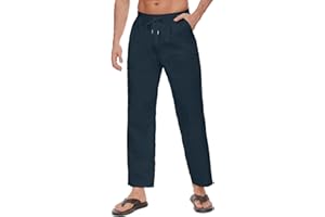 Yutdeng Pantaloni da Uomo Estivi Casual Spiaggia Vacanze Pantaloni Larghi in Cotone e Lino Pantaloni con Tasche e Coulisse Leggeri e Traspiranti Pantaloni Elastico Pants