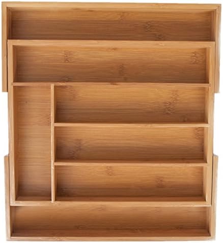 KD Organizers 7-Slot Expandable Bamboo Silverware Drawer Organizer: Large adjustable divider tray for utensils, flatware or cutlery; bring order to kitchen, bathroom, desk, utility or junk drawers!