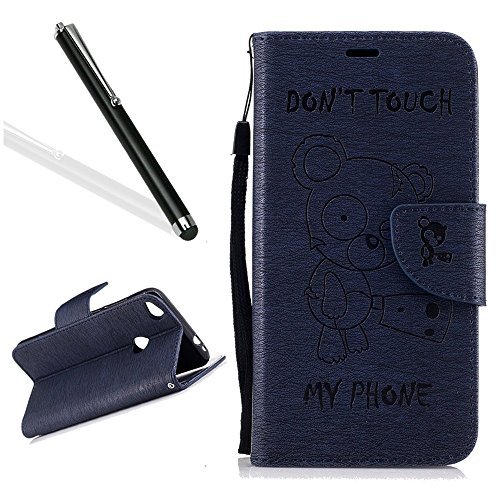 Preisvergleich Produktbild Huawei P8 Lite 2017 Hülle,Huawei P8 Lite 2017 Case,Leeook Funny Cute Lovely Retro Elegant Blau Bär DON'T TOUCH MY PHONE Muster Entwurf Leder Wallet Tasche Schutzhülle Brieftasche Bookstyle PU Schutz Etui Schale LederHülle HandyHülle Hüllen mit Strap Standfunktion Kunstleder Karteneinschub und Magnetverschluss Flip Case Cover für Huawei P8 Lite 2017 + 1 x Schwarze Eingabestift-Bear Bär,Blue