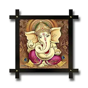 Poster N Frames Hand-Crafted with Photo of Lord Ganesh Ji Cross Wooden Frame (16.5x16.5 Inch, Multicolour)