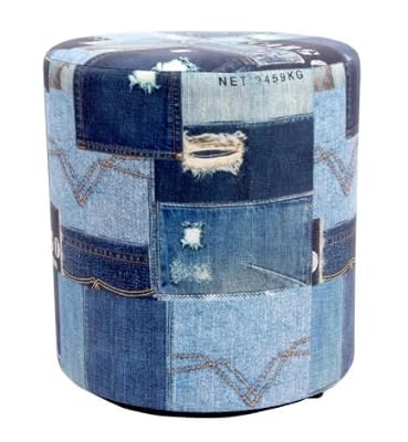 Dorte Maison.- Pouf repose-pieds en bois et tissu Denim Jean 30 x 32 cm bleu