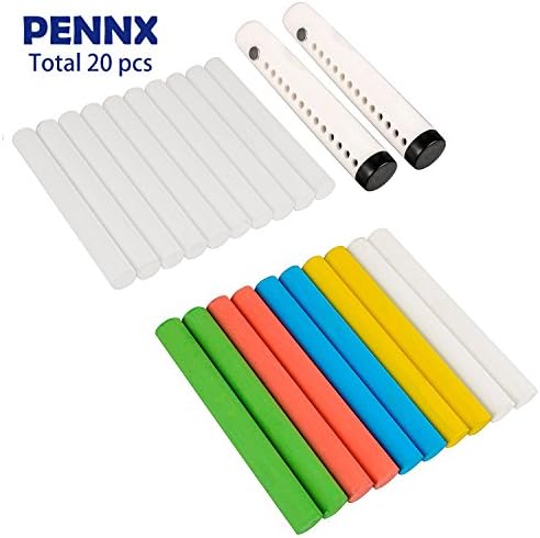 [20-Count] Chalkboard Chalk, PENNX Non-Toxic Dustless 12 White Chalk and 8 Colored Chalk (4 Colors, 2 of Each) with 2 free chalk holders for School and Office Use (20 Counts (12 White &amp; 8 Colored))