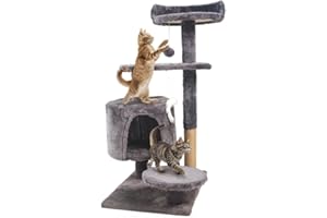 Fenixshop24 Tiragraffi angolare per gatti alto 88 cm, con corda in Sisal e peluche è fornito inoltre di una comoda e accogliente cuccia - Grigio