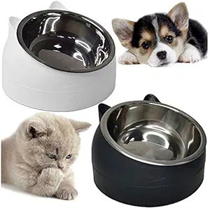 PINVNBY 2PCS Raised Cat Bowl Tilted 15? Slanted Elevated Bulldog Feeder Non-Spill Dog Kitten Food Dish Anti-Slip Detachable Pet Stainless Steel Slope Base for Small Pets