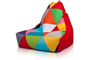 Ecopuf - Pouf Poltrona PATCHWORK Poliestere KEIKO Taglia M - Puff Poltrona Base Rossa da Interno/Esterno - Pouf Sacco Antistrappo Antimacchia - Poltrona Patchwork Imbottitura Polistirolo e Maniglia