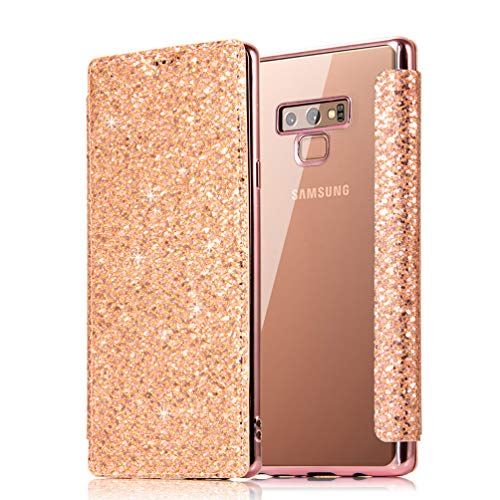 Preisvergleich Produktbild Coollee Galaxy Note 9 Hülle Leder Tasche Glitzer Klapphülle Wallet Etui für Samsung Galaxy Note 9 2018, Mädchen Dünne Case Silikon Clear TPU Backcover Schutzhülle Kunstleder Stand Bumper, Roségold