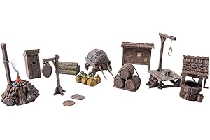 3D Vikings City Items Set - Accessori completi per giochi di ruolo da tavolo, Dungeons & Dragons, Warhammer - Include pozzo, WC, cartelli, forche, tabellone, carrello, palo in legno - non verniciato