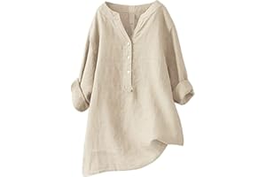 SCBFDI Chemisier Femme Chic et élégant, Chemise Lin Femme 2024 Printemps Eté Chic T-Shirt Manches Longues Col V Bouton Tshirt Couleur Unie Lâche Respirant Coton Lin Tunique Grande Taille Pas Cher Top