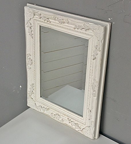elbmöbel Spiegel klein in weiß antik mit Patina | Wandspiegel barock aus Holz | im Landhausstil als Badspiegel | Schminkspiegel bzw. Frisierspiegel für das Landhaus (45 x 35cm)