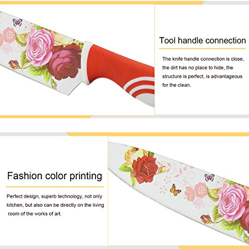 Edelstahl 5 Stück Messer Set mit Messer-Box, Kissal Küchenmesser mit schönen gedruckten Blumen Kreatives Leben Wonderful Kitchen – Rot - 6