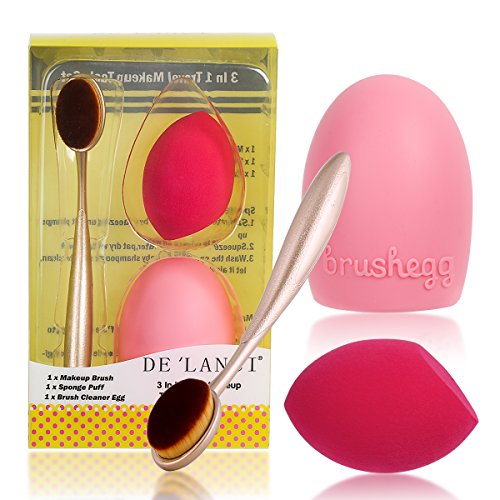 DE'LANCI Professional Oval Cosmetic Cream Powder Blush Makeup Brush+ Cosmestic Sponge Blender Flawless Puff+Silicone MakeUp Washing Brush Scrubber Board Cosmetic Clean Tool-3 in 1 Travel Makeup Tool Set
