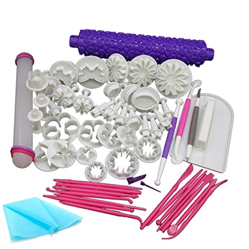 Anokay DIY 54tlg. Backen Fondant Stempel Tortendeko Ausstecher Ausstechformen Auswerfer Modellierwerkzeug Glätter Fondant Formen Marzipan-Messer Kuchendekoration Set Backen mit Spritzbeutel - 2