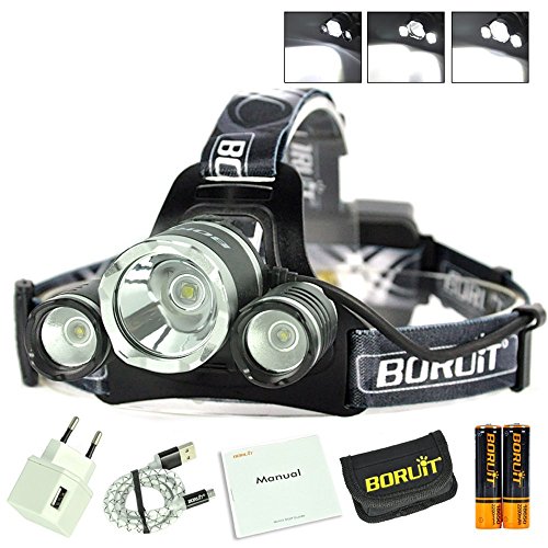 Boruit Led kopflampe stirnlampe Neueste Version Boruit 6000Lumen LED-Kopf-Fackel mit Memory-Funktion, CREE XM-L2 + 2XP-E LED-Scheinwerfer Licht Scheinwerfer Kopf Lampe Taschenlampe für Laufen Wandern Camping Fischen Sicherheit Licht [3 Helligkeitsstufe], Europäische Regulierung Ladegerät