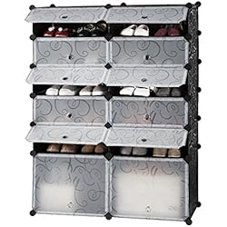 LANGRIA Penderie Etagère à Chaussures Modulable DIY 12 Cubes, Meuble Rangement avec Modules en Plastique, 2 Cubes Grands et 10 Cubes Petits pour la SDB, Garage, Salon, Noir et Blanc avec Motif Frisé