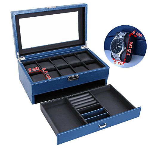Songmics Uhrenbox für 10 Uhren Uhrenkoffer Sichtfenster aus PU und Glas blau JWB012L - 8