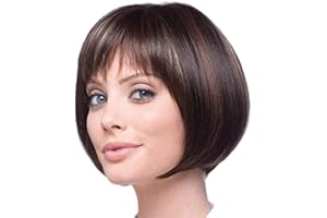 WIGSUEG 15 pouces Perruque Femme Naturelle Courte Perruque de vrais cheveux humains raides, naturels, sans colle, avec coupe au carré, frange, Usage Quotidie,01