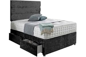SANA SLEEP Stylish Premium Fabric Divan Bed Set With Open Coil Memory Foam Mattress, 2 Drawers (Same Side) and Matching Headboard 4FT Small Double - Crushed Velvet Black