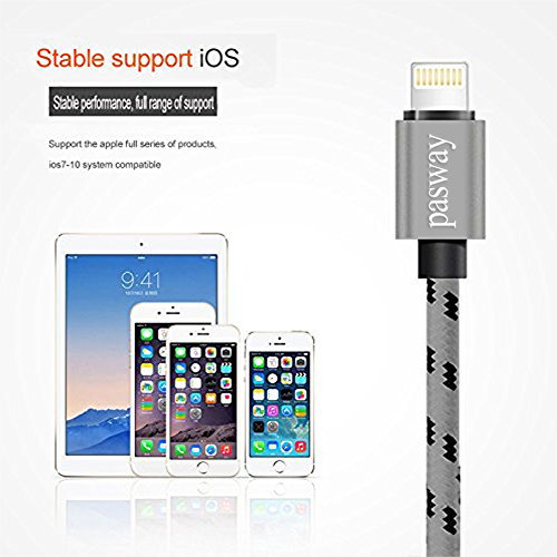 Pasway Lightning Kabel Nylon geflochten, 3 Pack (3FT, 6FT, 10FT), Lightning Durable Nylon geflochten extra lange Schnelle Ladekabel 2.0 A Micro USB Cord für iPhone 7/7 Plus / iPhone 6S / 6S Plus / 5 / 5s / 4 / SE IPad iPod (grau) - 3