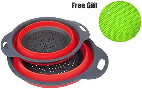 Collapsible Colander - NEWYANG 2 Pcs Kitchen Foldable Silicone Strainer Includes 1 PCS Non-Slip Silicone Pad, Kitchen Strainer for Food, Fruit, Vegetable (Red)