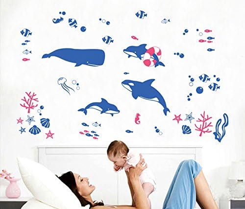 Whales Fishes Ocean Vinyl Wall Decal Home Sticker Paper Removable Living Dinning Room Bedroom Kitchen Art Picture Murals DIY Stick Girls Boys kids Nursery Baby Playroom Decoration