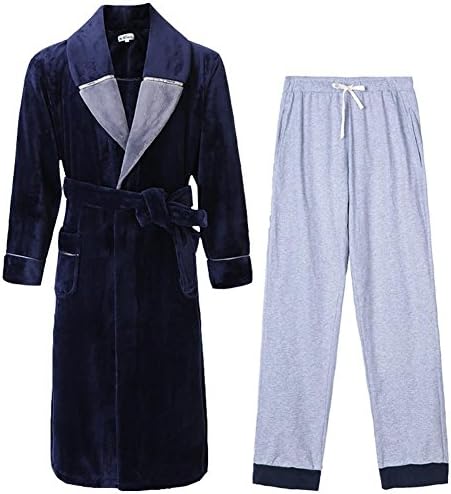 NIGHTSLEEP Men's Bathrobe + Pants Flannel Fabric Men's Pajamas Set Fall / Winter Pajamas Loose Long Sleeve Nightgown , a51-b , xxxl