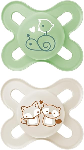 MAM Start Dummy Set of 2, Baby Dummy Especially for Newborns, Made from Sustainable & Organic Renewable Materials, with Dummy Box, 0–2 Months, Snail/Fox.