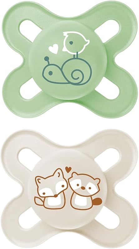 MAM Start Dummy Set of 2, Baby Dummy Especially for Newborns, Made from Sustainable & Organic Renewable Materials, with Dummy Box, 0–2 Months, Snail/Fox.
