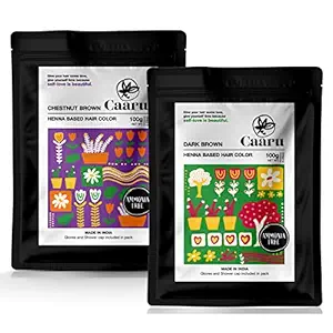 Caaru Herbal Henna Hair Color - With Amla and Shikakai - Complete Grey Hair Coverage - No Ammonia - Pack of 2 (Dark Brown + Chestnut Brown)