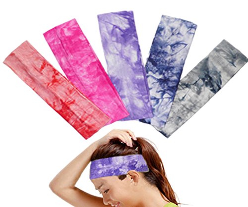 OKPOW 5 Frauen weiche Baumwolle Tie Dye Elastic Stretch Schweißband Headbands verstellbar Mädchen Haar Band sortiert Farben Yoga Stirnband