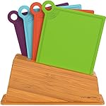 Vremi Cutting Board Set in Holder; 4 Plastic Poly Cutting Boards Dishwasher Safe BPA Free; Small Kitchen Chopping Boards with Color Coded Food Icons and Bamboo Index Stand by VREMI