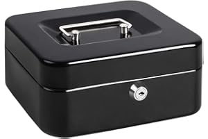 PARRENCY Cash Box with Money Tray, Metal Locking Money Box with Key Lock for Security, 7 4/5" x 6 4/5" x 3 3/5", Black