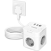 SUDEERY 6 in 1 Socket Cube with USB C, 3 Sockets, Flat Plug with Single Switchable, Multiple Plug with 2 m Cable, 1 Type C US