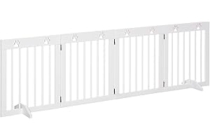 PawHut Freestanding Pet Gate 4 Panel Wooden Dog Barrier Folding Safety Fence with Support Feet up to 204cm Long 61cm Tall for Doorway Stairs White