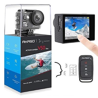 AKASO Caméra Sport 4K / 60fps AKASO Wifi avec Télécommande, Commande Vocale, Ecran tactile, EIS Caméra Sportive Etanche Sous-Marine, Angle de vision réglable, Zoom 8X, 2 Batteries 1050mAh, Kit d'Accessoires
