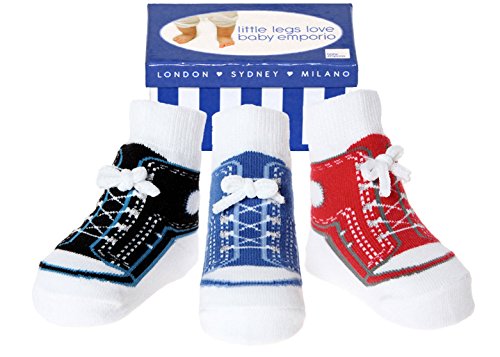 Baby Emporio 3 pares de calcetines para bebé niño - Suelas antideslizantes - Algodón suave - Con bolsita regalo - Efecto zapatillas - 0-12 meses (SNEAKERS-CAJA)