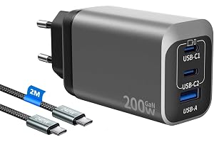 USB C-laddare 200 W, 3-port GaN Tech USB-C strömförsörjning PD+PPS snabbladdare, bärbar dator laddare flera, strömadapter med